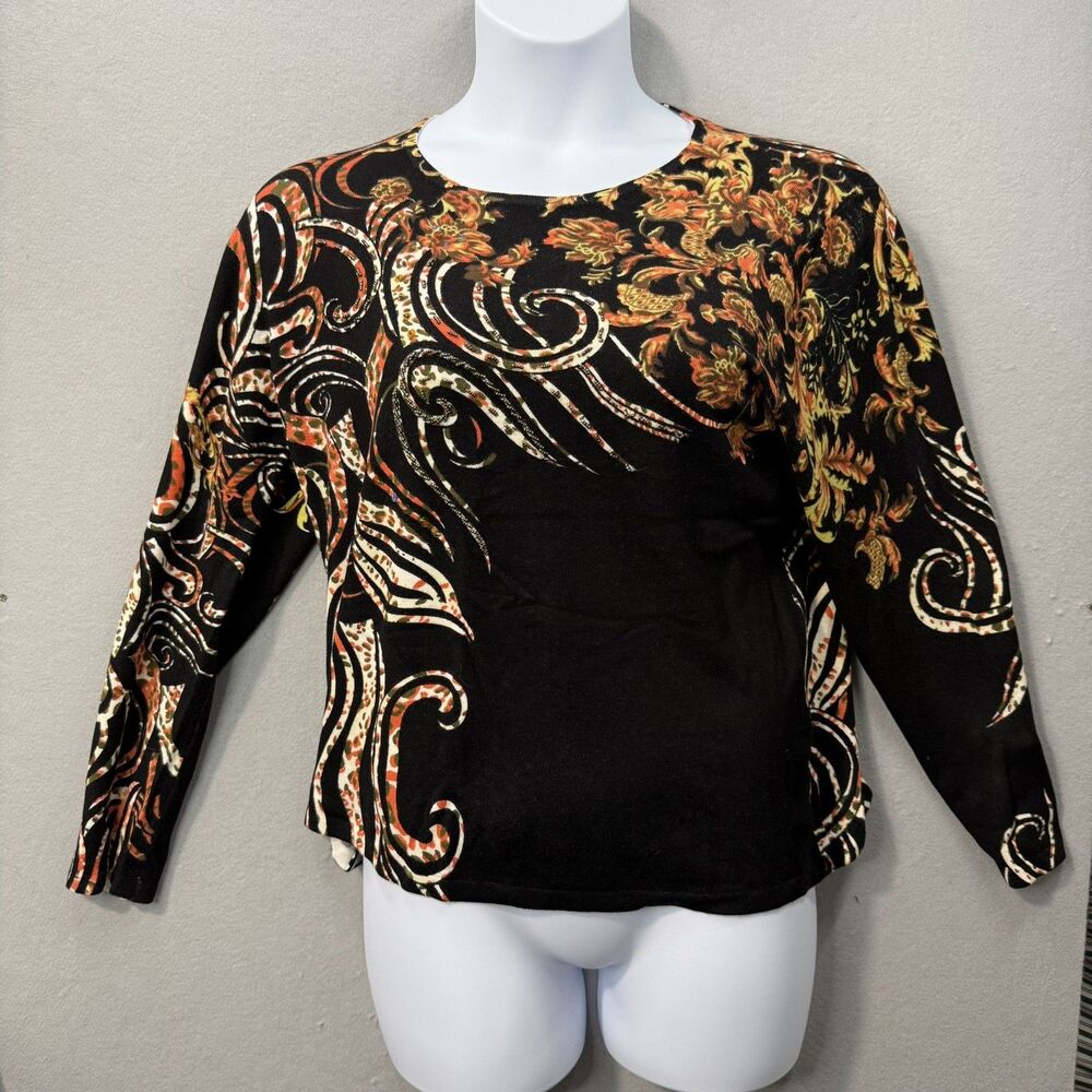 Pierri New York Womens 1X Top Knit Blouse Black Orange Paisley Floral Sweater